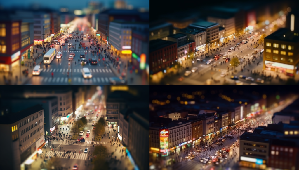 Midjourney-generierte Bilder von Menschen auf der Straße bei Nacht in einer Großstadt