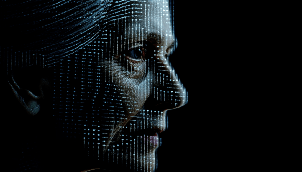 Midjourney-generiertes Bild einer älteren Frau im ASCII-Stil