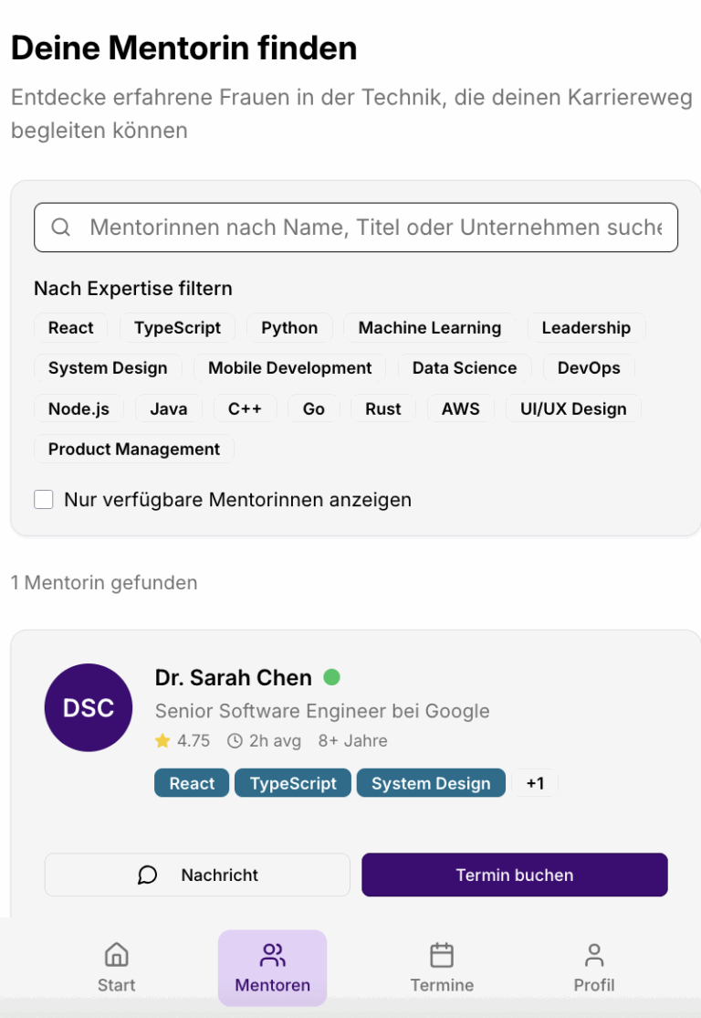 Filterbare Suche nach Mentorinnen